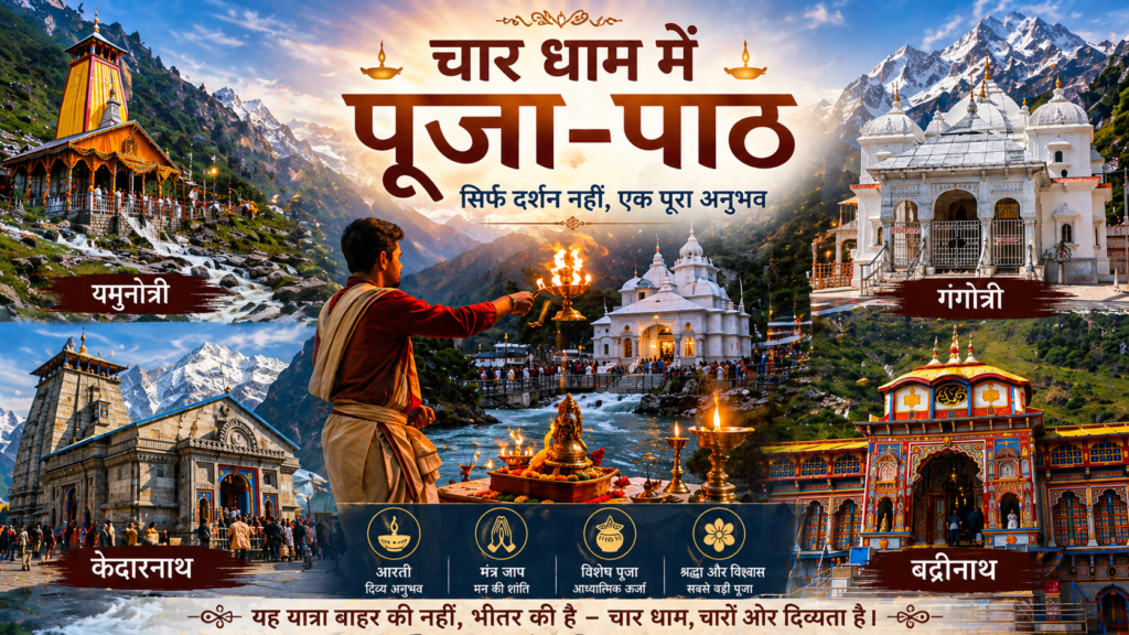 चार धाम में पूजा-पाठ यमुनोत्री गंगोत्री केदारनाथ बद्रीनाथ आरती मंत्र और दर्शन अनुभव