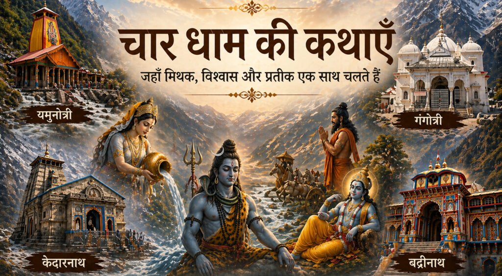 चार धाम की कथाएँ यमुनोत्री गंगोत्री केदारनाथ बद्रीनाथ मिथक विश्वास और प्रतीक