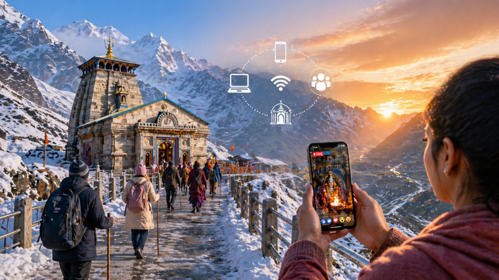 Char Dham Yatra winter mountains temple snow digital darshan future pilgrimage Uttarakhand India